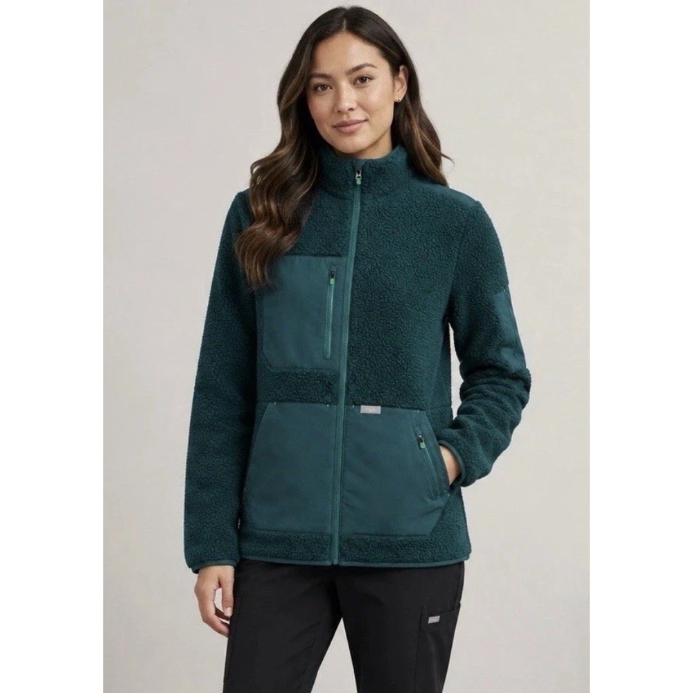 Figs On-Shift Sherpa Fleece Full Zip Scrub Jacket Teal Green Womens Medium